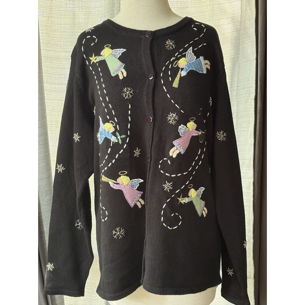 Vintage Quaker Factory Ugly Christmas Holiday Sweater Cardigan Angels Size Large